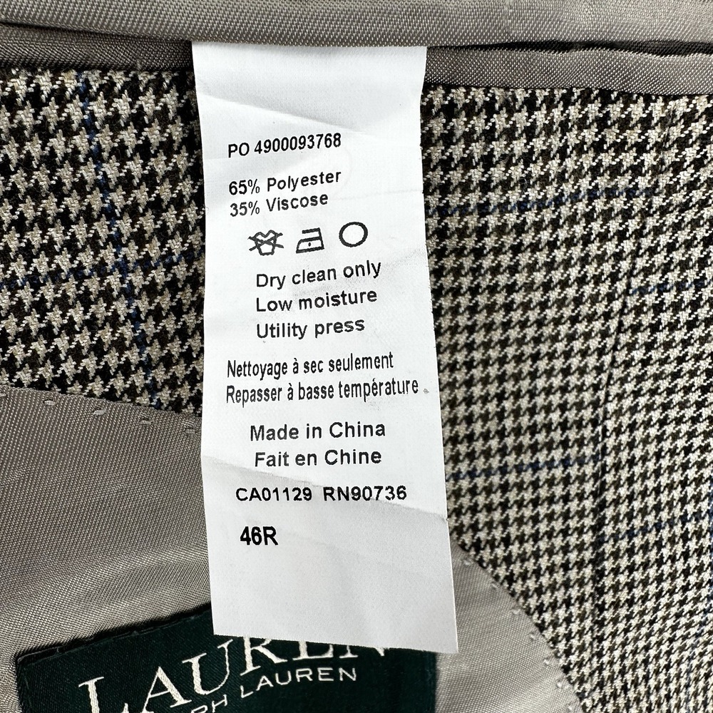 Lauren Ralph Lauren Mens 46R Blazer Brown Houndstooth Blue Overcheck Sport Coat - Picture 7 of 9